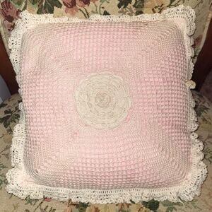 Vintage Ecru Crochet Pillow Cover With Non-removable Pink Pillow